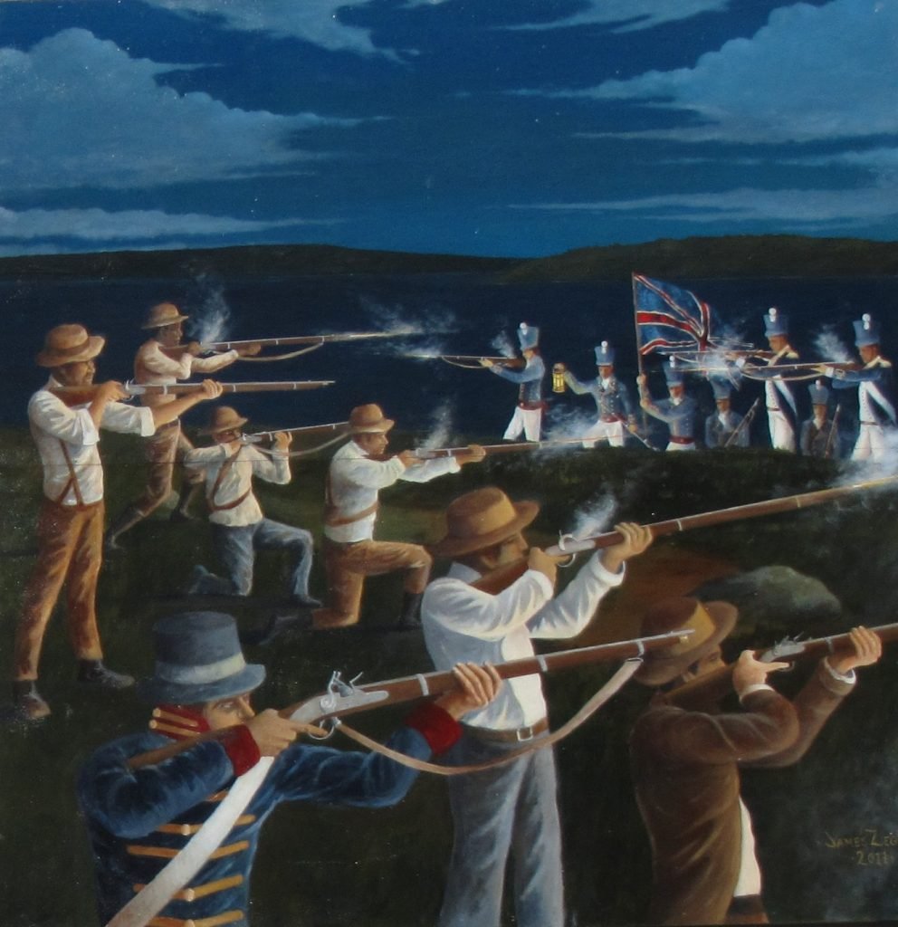 Battle of Sodus Point painting: men in straw hats fire muskets at British troops under a Union Jack at night