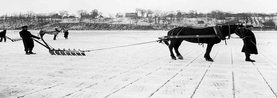 Horse-drawn ice plow scoring a frozen lake surface, with men in long coats working nearby
