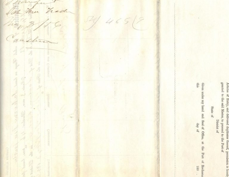 Back of a folded manifest form with handwritten notes 'Sch Free Trader' and 'May 3 '56' beside printed entry text