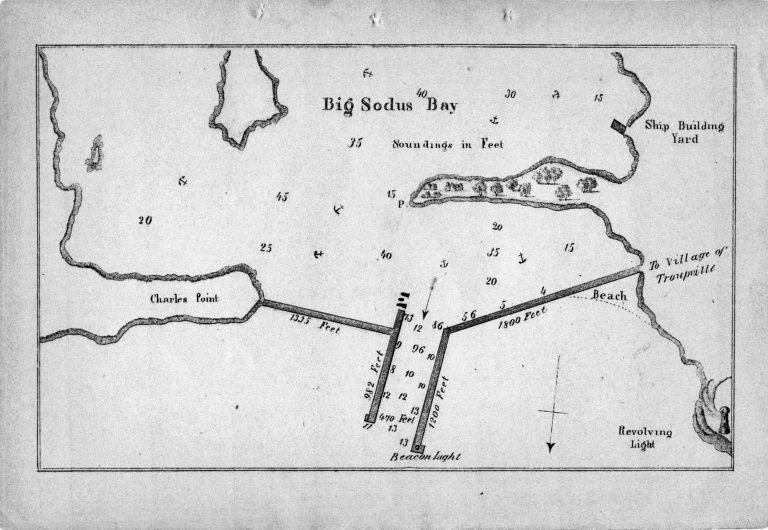 1857 chart of Big Sodus Bay with soundings in feet, the harbor piers, beacon light and a ship building yard