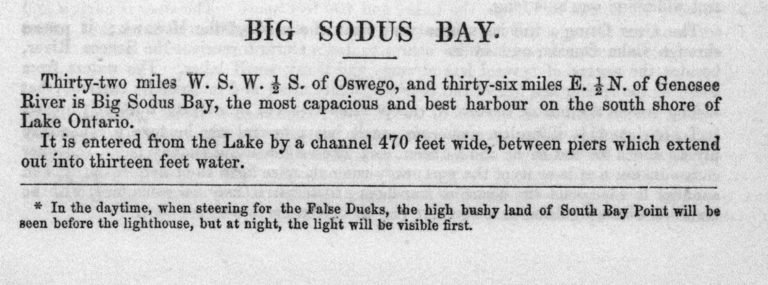 Printed sailing-directions text headed 'Big Sodus Bay', describing the harbor and its channel between piers