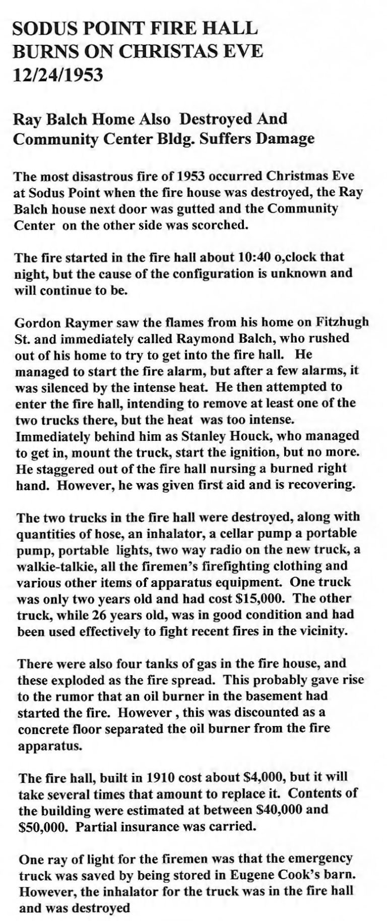 Typed article about the Sodus Point Fire Hall burning on Christmas Eve, 12/24/1953