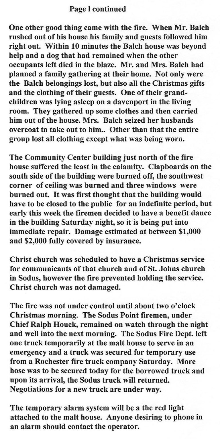 Typed page, 'Page 1 continued', describing the fire, the Balch family's losses and a truck kept at the malt house