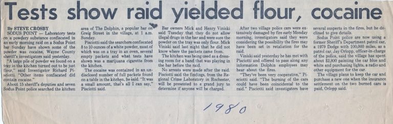 Newspaper clipping headlined 'Tests show raid yielded flour, cocaine', marked 1980 by hand