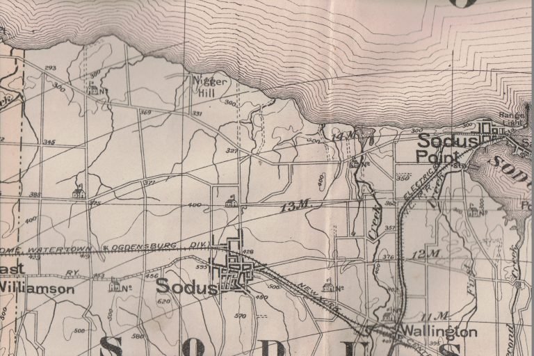 Old topographic map of the Sodus and Sodus Point area, with a lakeshore hill labeled by a racial slur