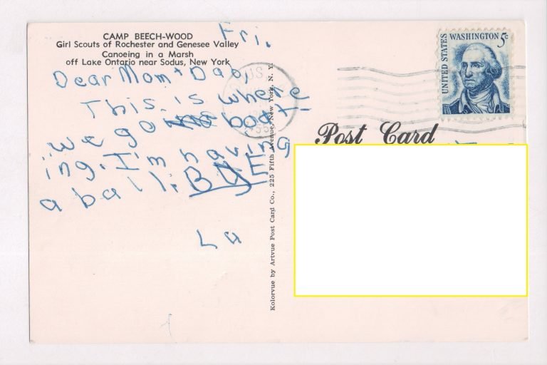 Back of a Camp Beech-Wood postcard with a child's note: 'Dear Mom + Dad, This is where we go boating'