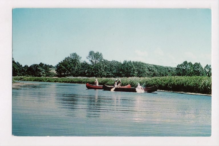 Postcard of campers paddling red canoes on a calm, reed-lined creek under a clear sky