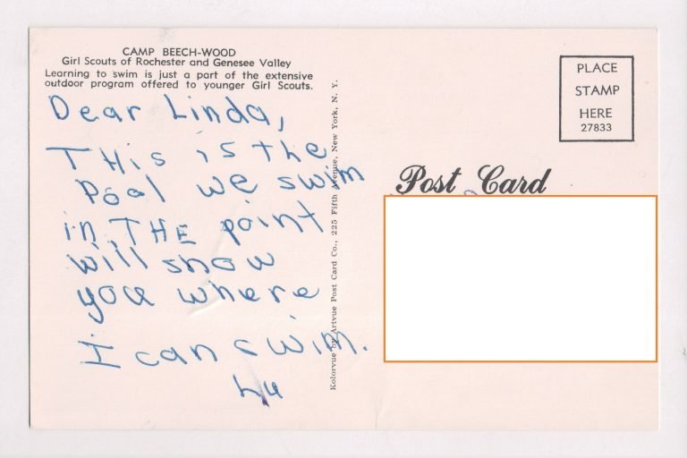 Back of a Camp Beech-Wood postcard with a handwritten note: 'Dear Linda, This is the pool we swim in'