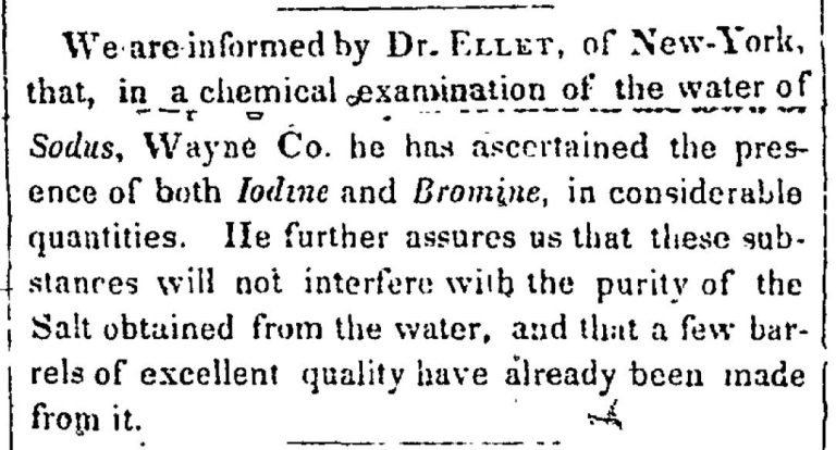Old newspaper item reporting that Dr. Ellet found iodine and bromine in the water of Sodus, Wayne Co.