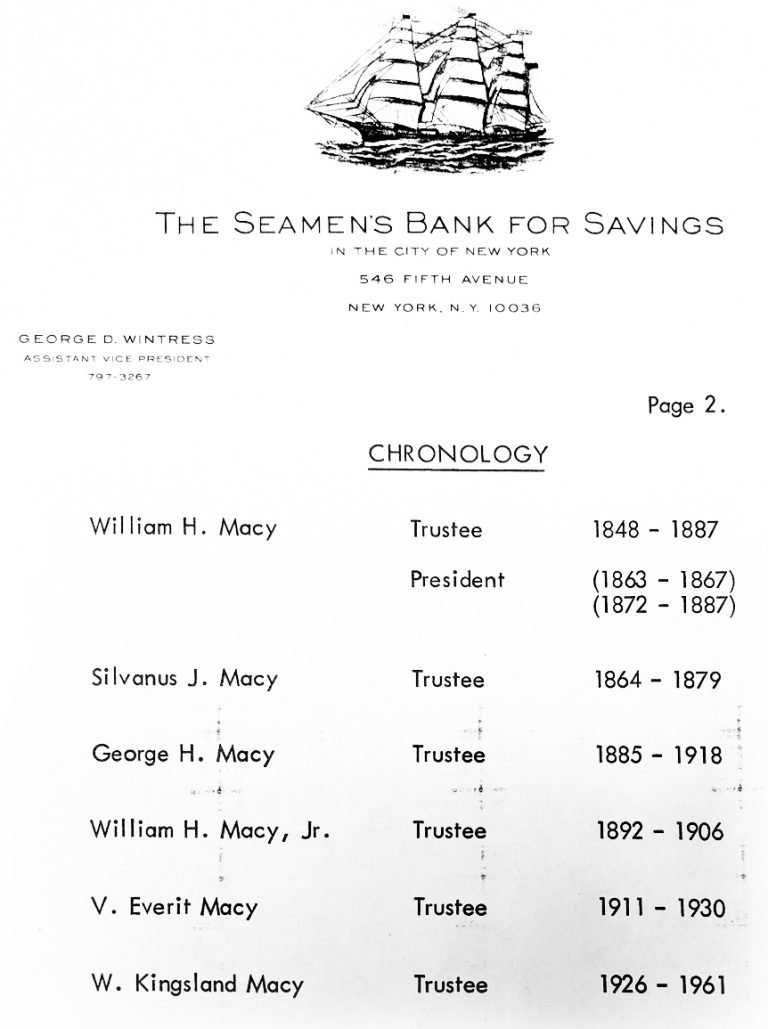 Seamen's Bank for Savings letter listing a chronology of Macy family trustees, including Silvanus J. Macy
