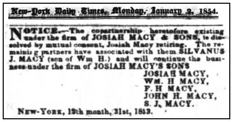 New-York Daily Times notice, Jan. 2, 1854, announcing the firm Josiah Macy's Sons with partner Silvanus J. Macy