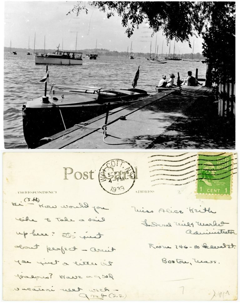 Front and back of a postcard: a motorboat at a dock with sailboats moored beyond, and a handwritten note