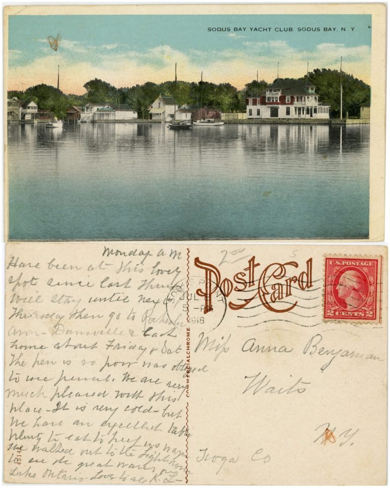 Postcard front and back: 'Sodus Bay Yacht Club, Sodus Bay, N.Y.', with a handwritten note and a red 2-cent stamp