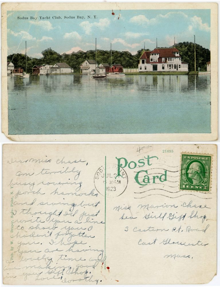 Front and back of hand-colored postcard 'Sodus Bay Yacht Club', with a handwritten note and 1923 postmark