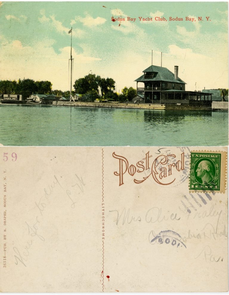 Front and back of a postcard of the Sodus Bay Yacht Club, a shingled clubhouse on the water