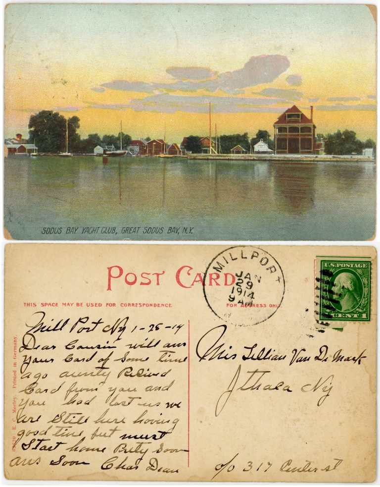 Postcard front and back: 'Sodus Bay Yacht Club, Great Sodus Bay, N.Y.', and a handwritten note postmarked 1914