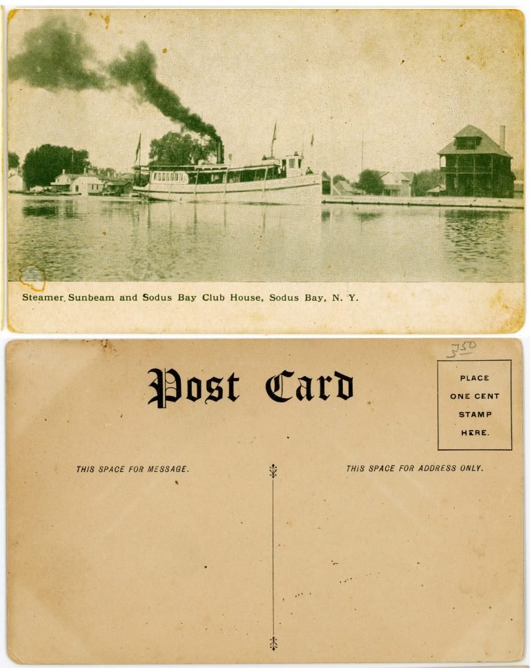 Front and back of a postcard, 'Steamer Sunbeam and Sodus Bay Club House', the steamer trailing smoke