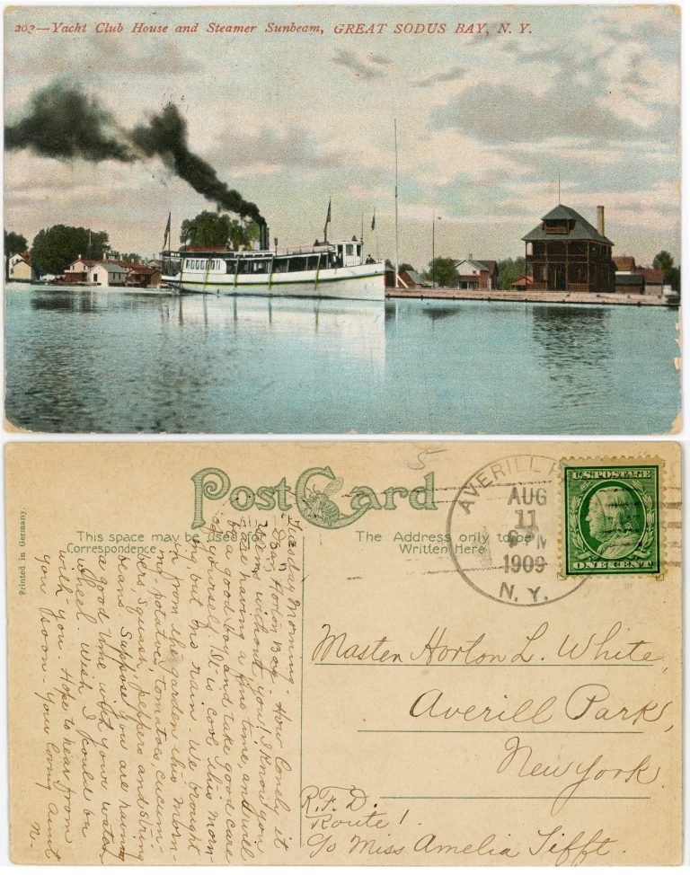 Postcard of the Yacht Club house and steamer Sunbeam on Great Sodus Bay, with its handwritten 1909 back