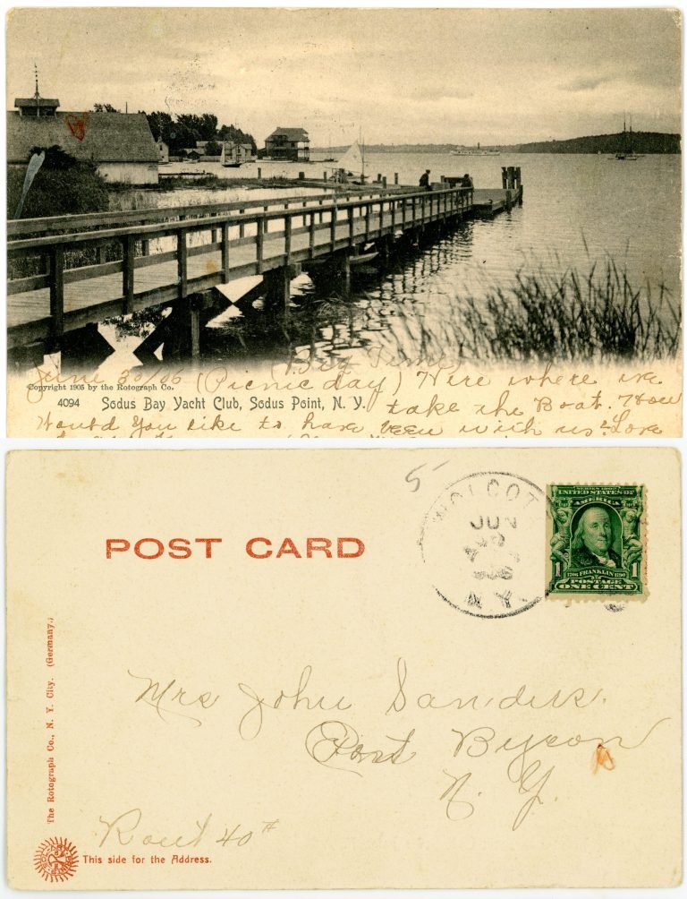 Front and back of postcard 'Sodus Bay Yacht Club, Sodus Point, N.Y.' showing a long wooden pier, with a note