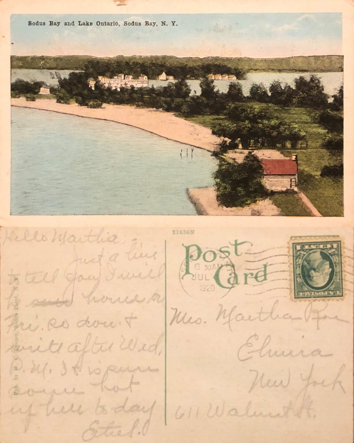 Front and back of a hand-colored postcard, 'Sodus Bay and Lake Ontario', a curving beach, with a handwritten note