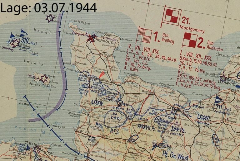 German situation map headed 'Lage: 03.07.1944', marking army positions around Cherbourg and Caen