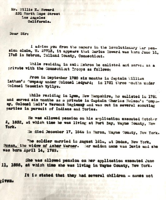 Typed letter to Willis E. Howard summarizing Darius Howard's Revolutionary War pension file, naming Asher Warner's widow
