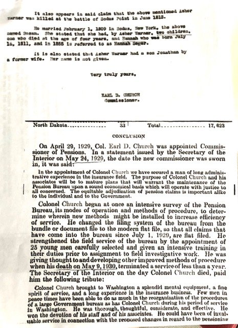 Typed pension-office letter stating Asher Warner was killed at the Battle of Sodus Point, signed Earl D. Church