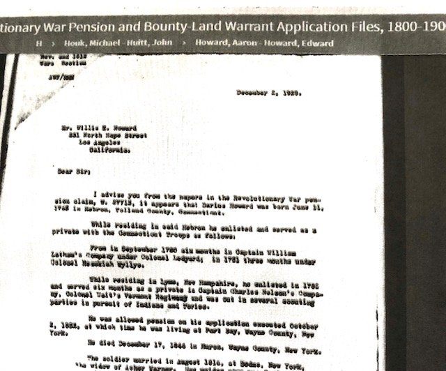 Typed 1929 letter from Revolutionary War pension files summarizing the service of Darius Howard
