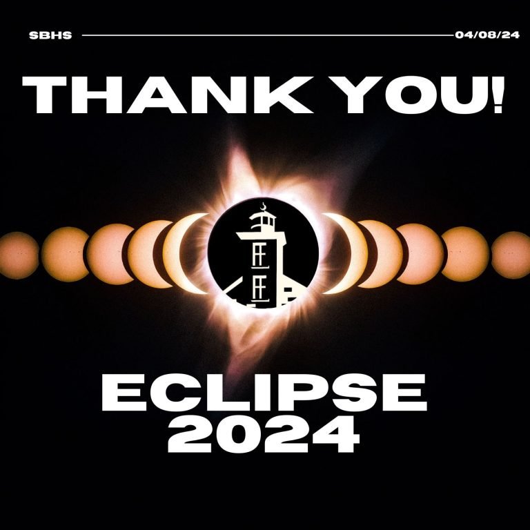 Graphic reading 'Thank You! Eclipse 2024' with eclipse phases around a lighthouse silhouette, marked SBHS 04/08/24