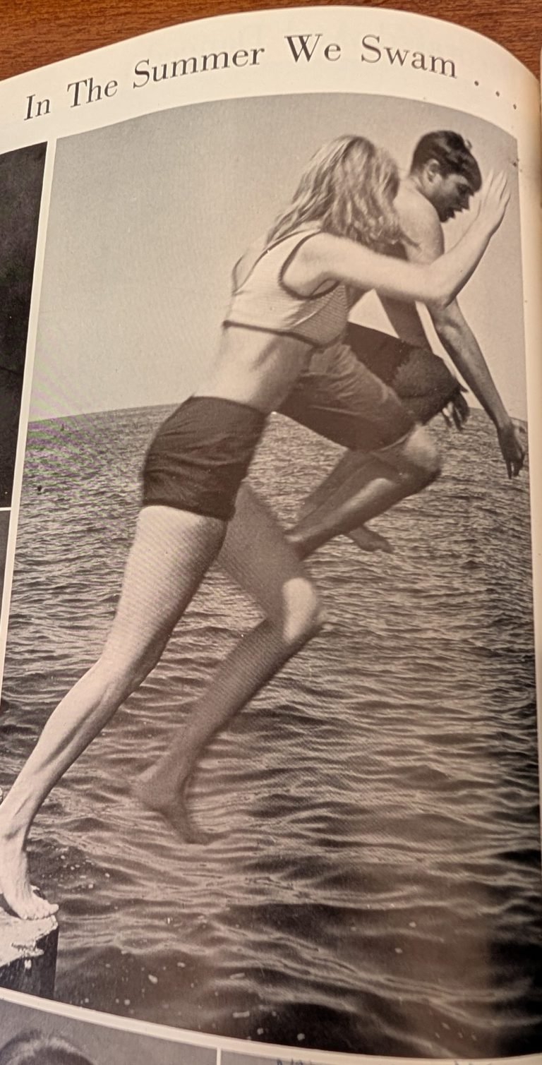 Page headed 'In The Summer We Swam...' showing a woman and a man in swimsuits leaping into open water