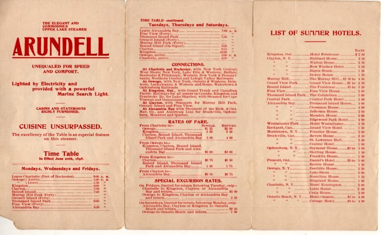 Opened brochure for the steamer Arundell with a timetable, fares and a list of summer hotels
