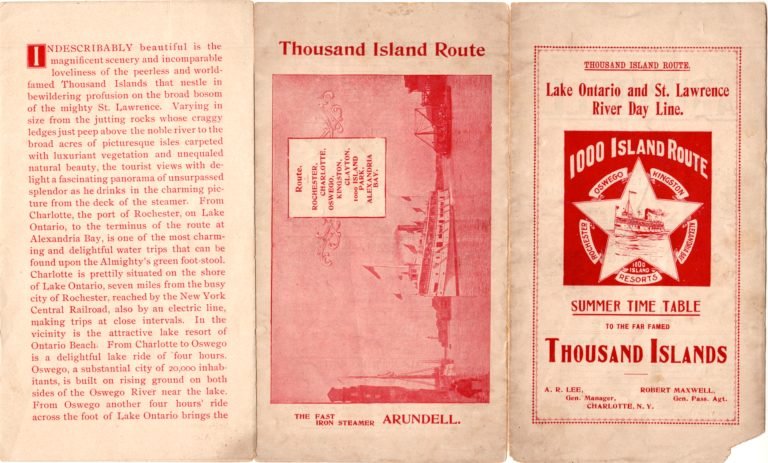 Unfolded red-and-white 'Thousand Island Route' timetable brochure, picturing 'the fast iron steamer Arundell'