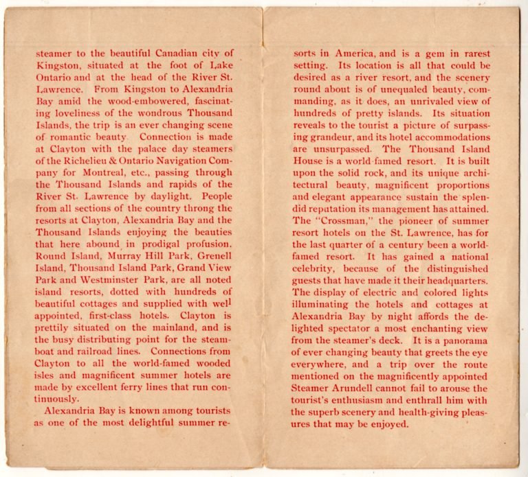 Brochure pages in red type describing a Thousand Islands trip aboard the Steamer Arundell