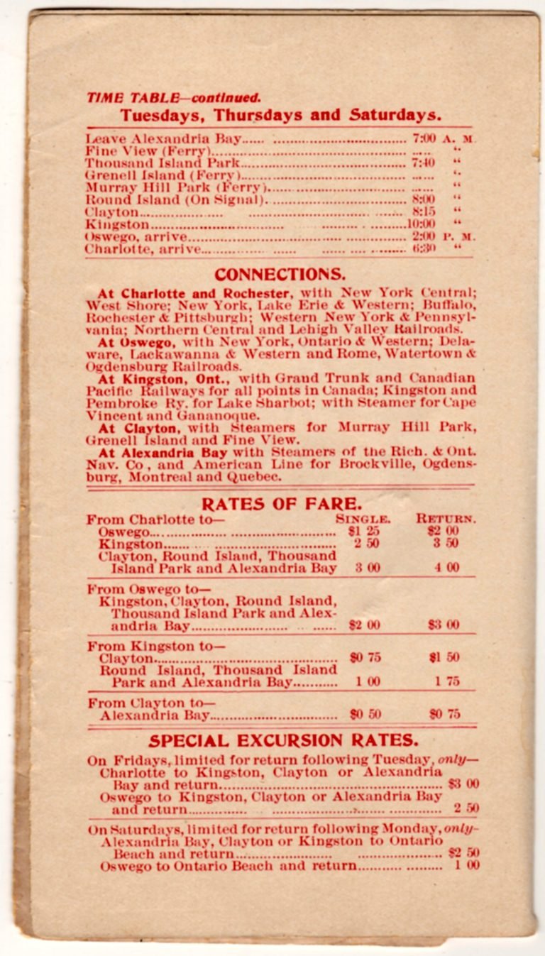 Printed steamer timetable page listing stops from Alexandria Bay to Charlotte, with connections and rates of fare