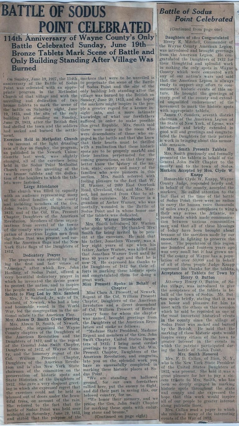 Newspaper clipping headlined 'Battle of Sodus Point Celebrated' about bronze tablets marking the battle site