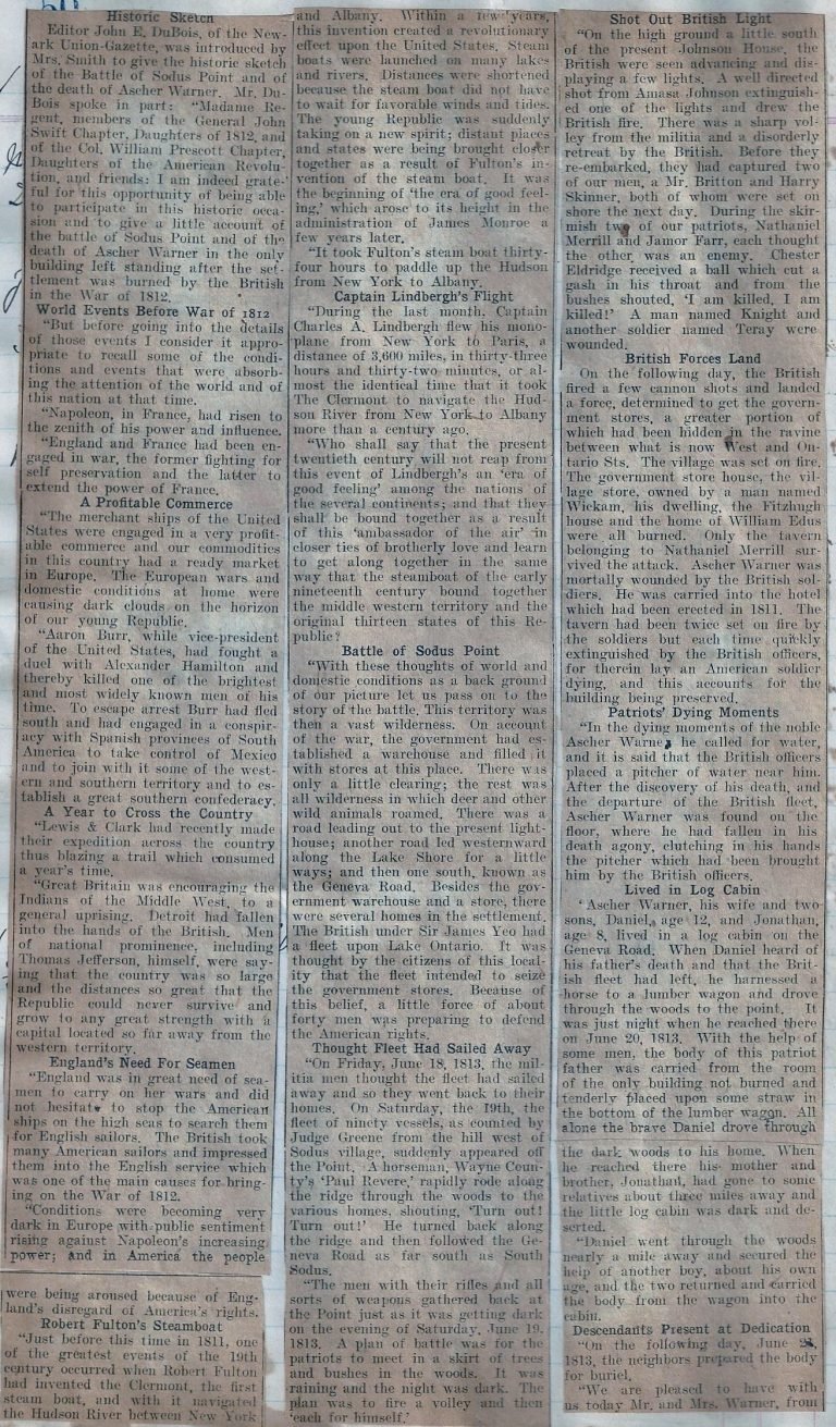 Yellowed newspaper column of dense text with subheads including 'Battle of Sodus Point' and 'Shot Off British Light'