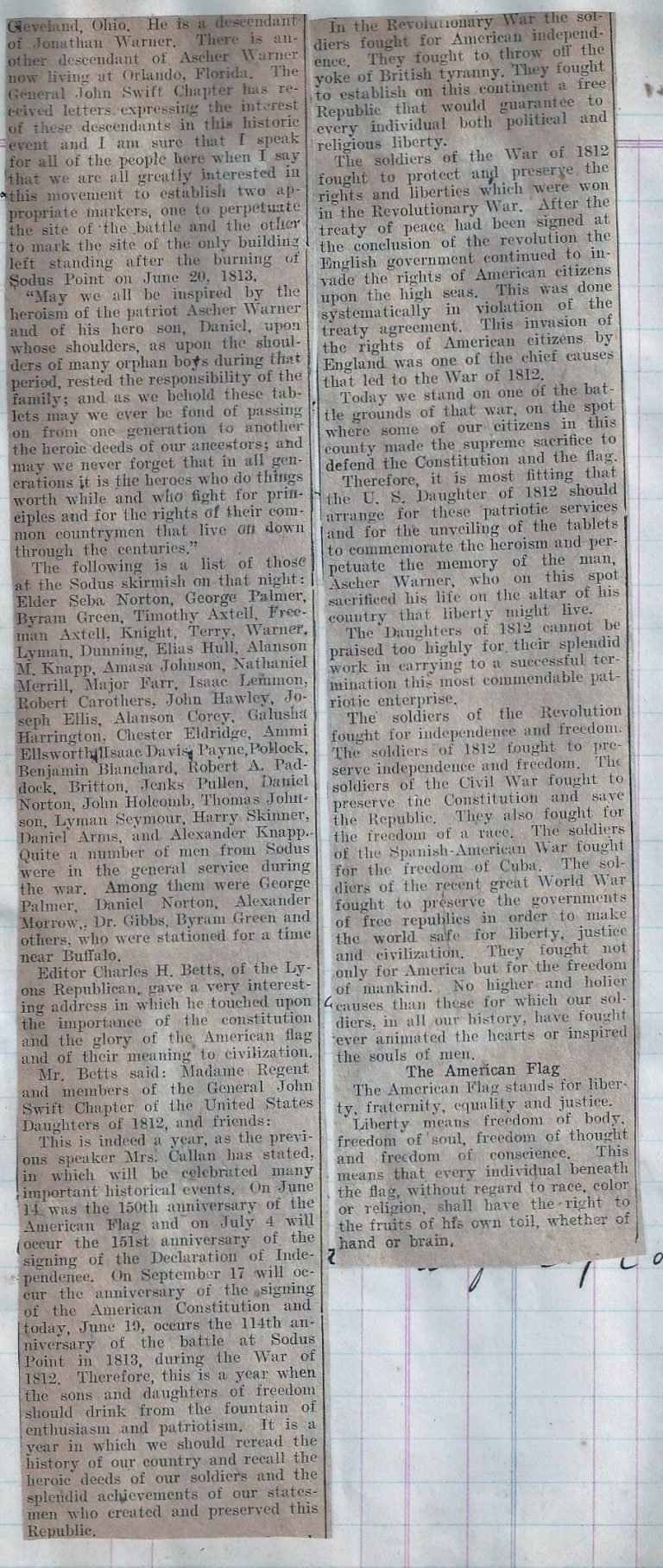Long yellowed newspaper column of text, including a section headed 'The American Flag'