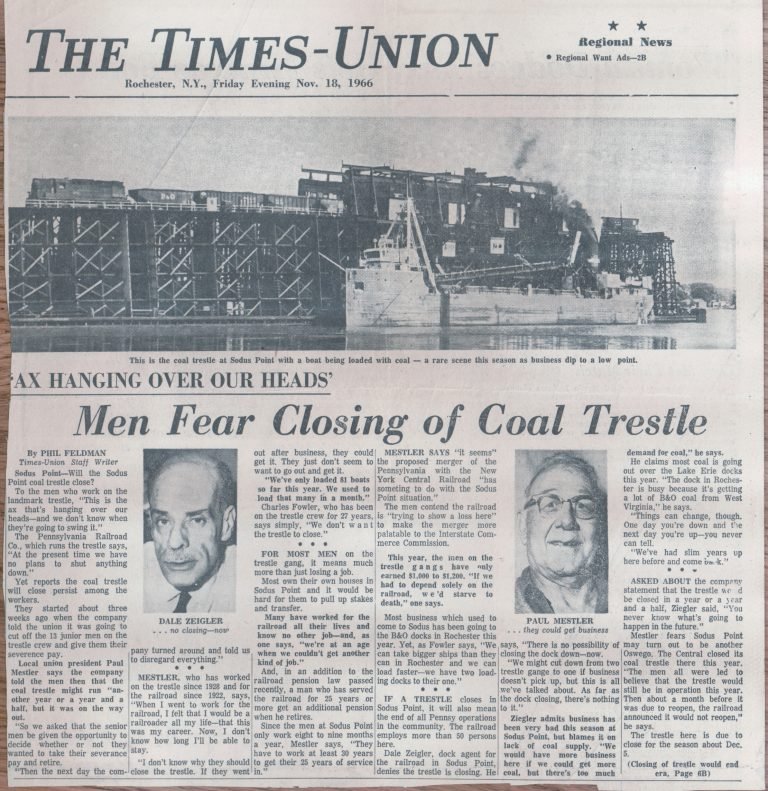 Times-Union page, Nov. 18, 1966, headlined 'Men Fear Closing of Coal Trestle', with a photo of the trestle