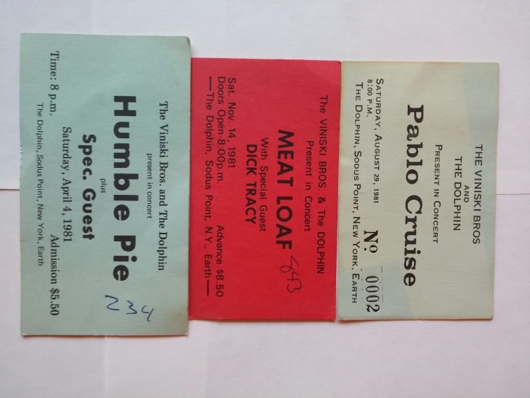 Three 1981 concert tickets from The Dolphin, Sodus Point: Humble Pie, Meat Loaf and Pablo Cruise