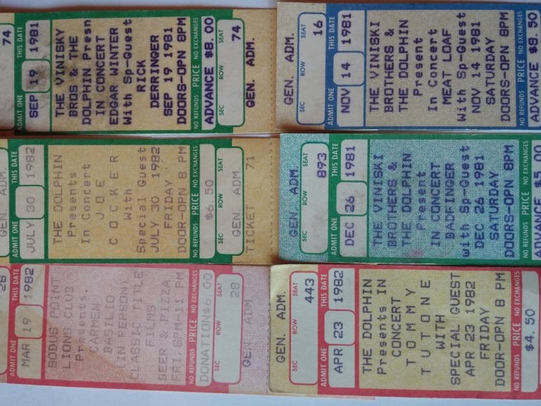 Concert ticket stubs from the Dolphin, 1981-82, for Edgar Winter, Meat Loaf, Joe Cocker, Badfinger and Tommy Tutone