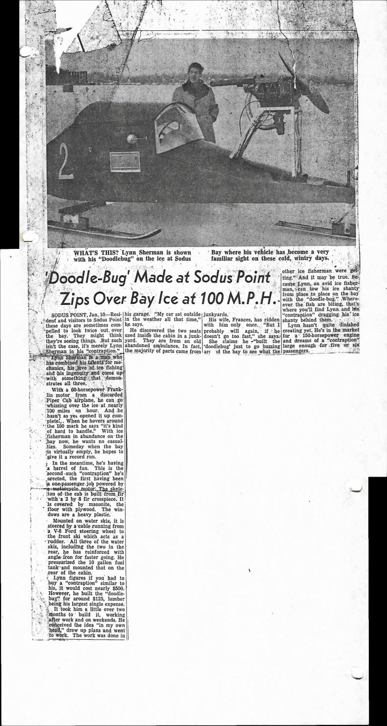 Clipping headlined 'Doodle-Bug Made at Sodus Point Zips Over Bay Ice at 100 M.P.H.', photo of the propeller craft
