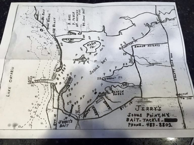 Hand-drawn fishing chart of Sodus Bay and the Lake Ontario shore from Jerry's Bait & Tackle, Sodus Point