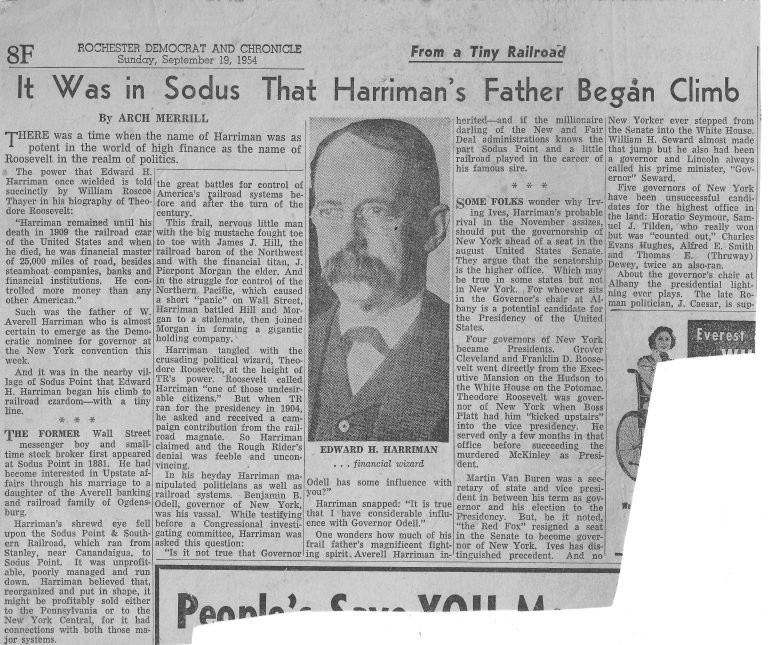 Newspaper article headlined 'It Was in Sodus That Harriman's Father Began Climb', with a portrait of E. H. Harriman