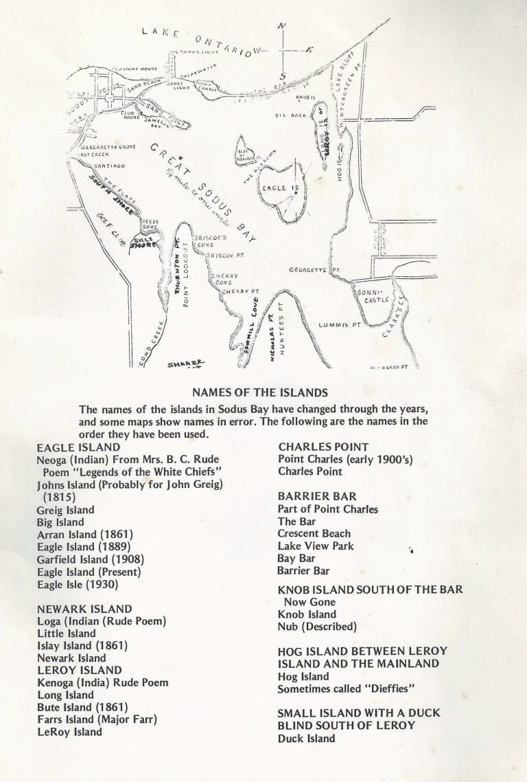 Printed page with a hand-drawn map of Great Sodus Bay above a list headed 'Names of the Islands'