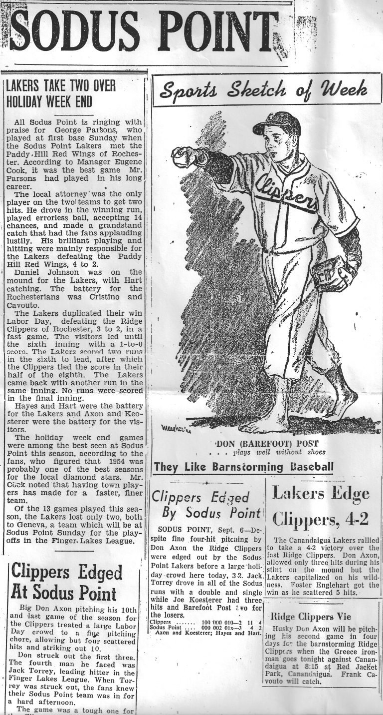 Newspaper sports page with 'Lakers Take Two Over Holiday Week End' and a sketch of player Don (Barefoot) Post