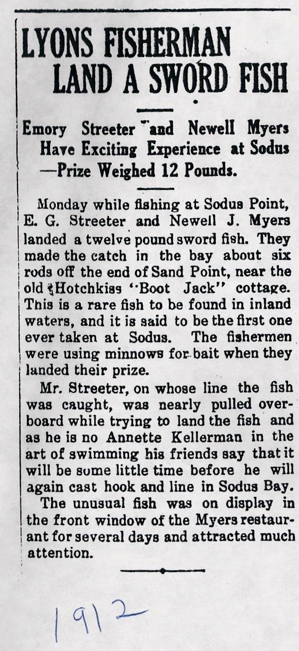 Newspaper clipping headlined 'Lyons Fisherman Land a Sword Fish', marked 1912 by hand