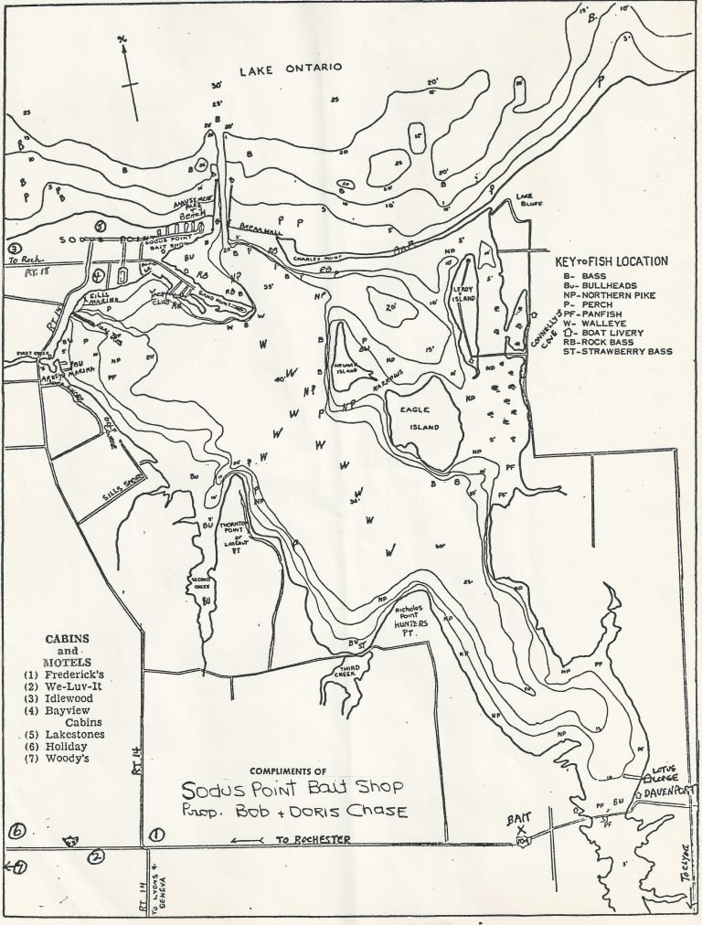 Hand-drawn fishing map of Sodus Bay with a fish-location key, compliments of the Sodus Point Bait Shop