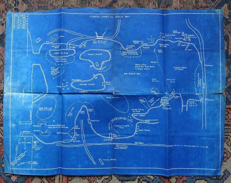 Blueprint 'Fishing Chart for Sodus Bay' marking islands, fishing spots and the railroad along the shore