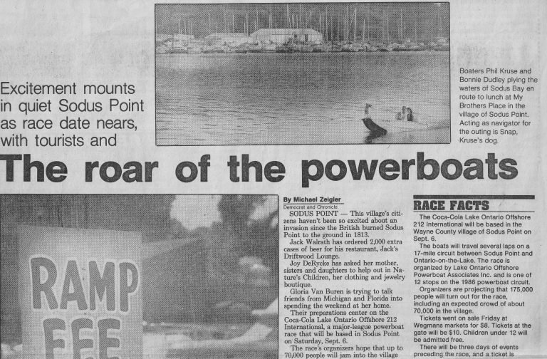 Newspaper article headlined 'The roar of the powerboats' with photos of boaters and a 'Ramp Fee' sign