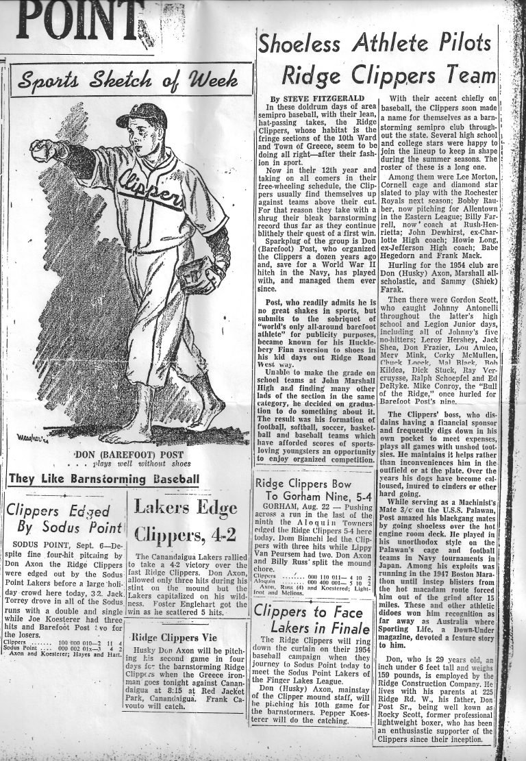 Sports page with a sketch of Don 'Barefoot' Post and the headline 'Shoeless Athlete Pilots Ridge Clippers Team'
